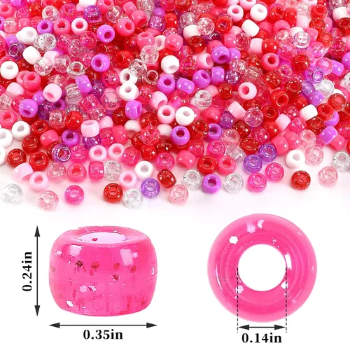 Miniatura 3 de UPINS Cuentas de pony para el día de San Valentín, 1200 piezas de cuentas de plástico redondas de colores rosa, rojo, púrpura y brillantes