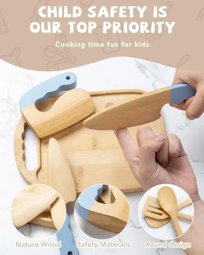 Miniatura 3 de Juego de cocina Montessori de madera para niños, herramientas de cocina reales y utensilios para hornear, kit de cocina de 15 piezas para niños