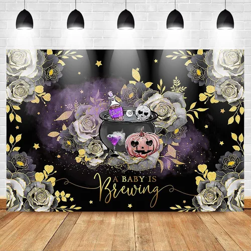 Miniatura 2 de Mocsicka Telón de fondo de Halloween para baby shower con texto en inglés «A Baby is Brewing Halloween», decoración de fiesta de baby shower, telón