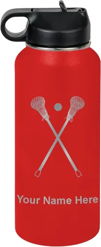 Miniatura 32 de LaserGram Botella de agua personalizada, palitos de lacrosse, acero inoxidable de doble pared aislada al vacío con popote superior, regalo grabado