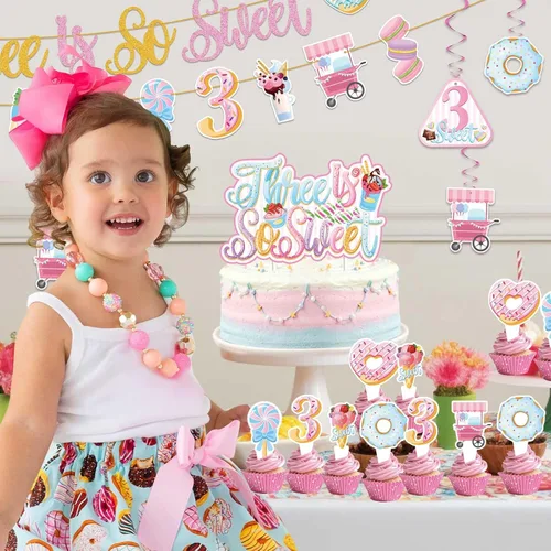 Miniatura 5 de JUYRLE Decoraciones de 3er Cumpleaños Feliz para Niñas - decoraciones de tercer cumpleaños rosa, decoración de fiesta de cumpleaños de helado