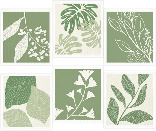 Paños de cocina suecos para cocina, paquete de 6 paños de cocina de hojas verdes, paños de esponja de celulosa, toallas de papel reutilizables,
