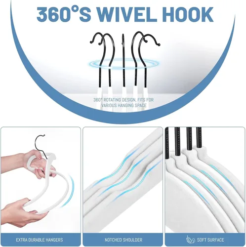 Miniatura 5 de HOUSE DAY Paquete de 60 perchas de terciopelo blanco, colgador de fieltro antideslizante, perchas de terciopelo delgadas para trajes, camisas