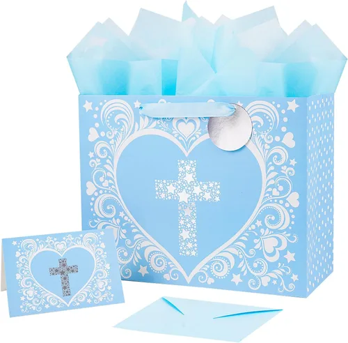 JWSCYSY Bolsa de Regalo Grande de 32 cm Azul con Diseño de Cruz de Estrella Plateada Metálica, Tarjeta y Papel de Seda para Bautizos, Bautismos,