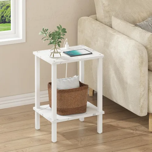 Miniatura 16 de TUTOTAK Mesa auxiliar con estación de carga, pequeña mesa auxiliar con tomas de corriente, mesita de noche, mesa de cabecera, estante de Gris beige