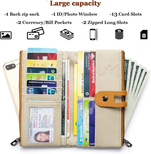 Miniatura 2 de Cartera para mujer de gran capacidad de piel sintética plegable con bloqueo RFID, tarjetero con bolsillo con cremallera