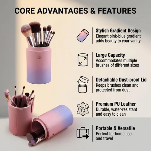 Miniatura 4 de VASANA Organizador de brochas de maquillaje de piel sintética rosa con tapa, herramientas de maquillaje portátiles, estuche organizador de gran