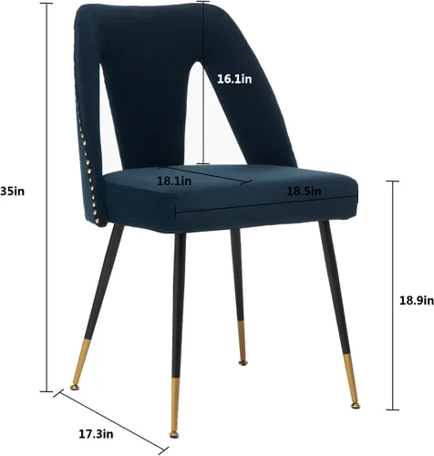 Miniatura 3 de Aoowow Juego de 2 sillas de comedor modernas, sillas laterales tapizadas de terciopelo con cabezas de clavos y patas de metal negro con punta Azul