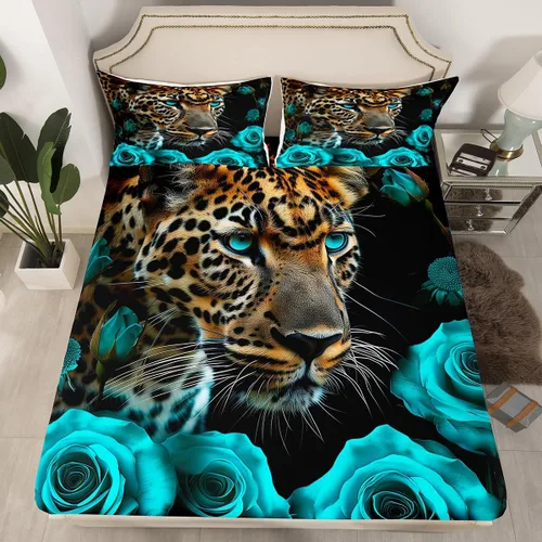 Miniatura 12 de Erosebridal Juego de sábanas bajeras de rosas rojas y leopardo, tamaño individual, diseño de animales africanos salvajes, diseño de plantas