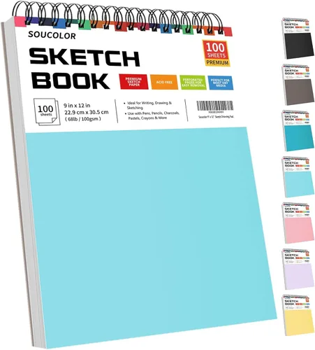 Soucolor - Cuaderno de bocetos de 9 x 12 pulgadas, paquete de 1 de 100 hojas, encuadernado en espiral, libre de ácido (68 libras/100 g/m²), bloc de