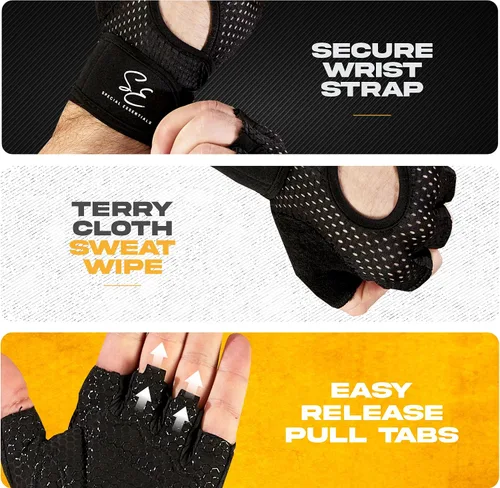 Miniatura 3 de Special Essentials Guantes de entrenamiento para hombres y mujeres, guantes de levantamiento de pesas sin dedos con acolchado antideslizante