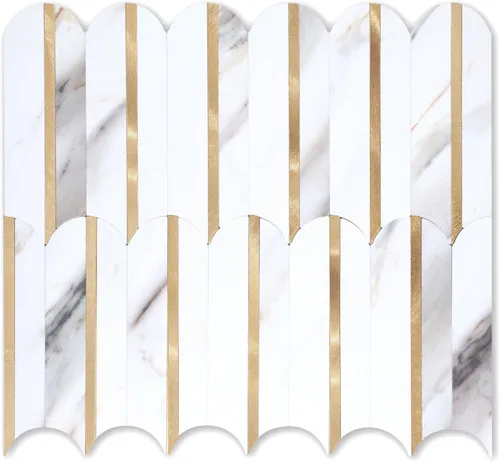 Miniatura 15 de 10 hojas de escamas de pescado para despegar y pegar para azulejos de pared de cocina, 12 pulgadas, mármol marrón, mezcla de metal dorado, azulejos