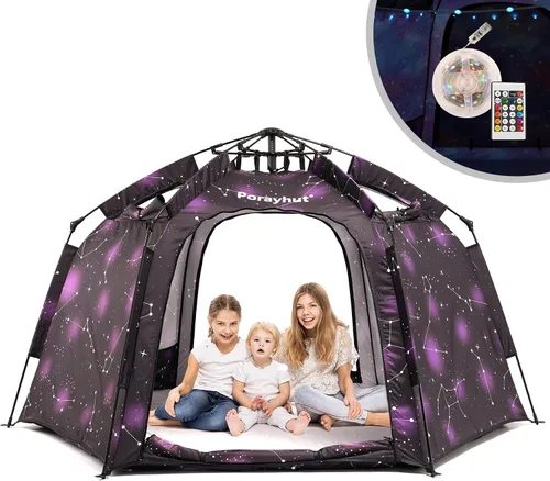 Miniatura 13 de Tienda de campaña hexagonal portátil para niños con tira de luces LED para interiores, casa de juegos para niños, tienda de campaña de ensueño