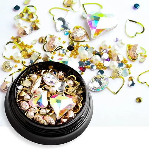 Miniatura 3 de 6 cajas de dijes de uñas 3D dorados, dijes de arte de uñas con parte trasera plana, joyas de diamantes de imitación para uñas, gemas de uñas
