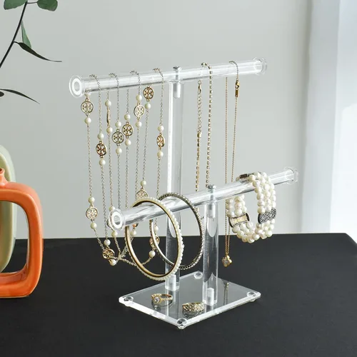 Miniatura 7 de MOOCA Organizador de joyas de acrílico transparente de lujo, soporte de pulsera de barra en T de 2 niveles, soporte de collar acrílico, soporte