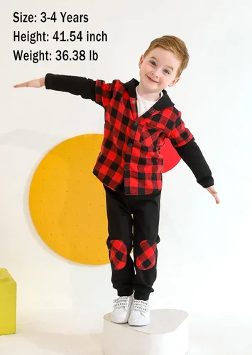 Miniatura 10 de YOUNGER TREE Conjunto de sudadera con capucha para niños pequeños, conjunto de camisa de franela a cuadros para otoño, invierno y primavera