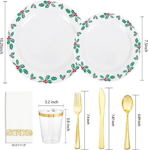 Miniatura 2 de FLOWERCAT Juego de 175 piezas de platos de Navidad y platos de bayas de acebo - Platos desechables de Navidad Incluyen 50 platos de plástico
