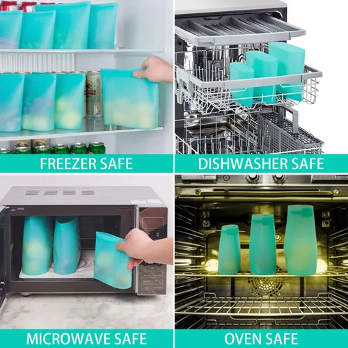 Miniatura 6 de Bolsas de Alimentos Reutilizables, Paquete de 12 Bolsas de Almacenamiento de Alimentos 100% Silicona que se Mantienen de Pie con Cierre Hermético