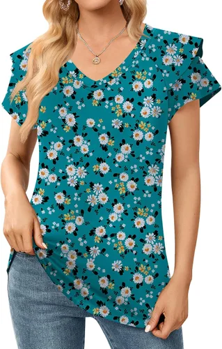 Miniatura 2 de DB MOON Camisetas casuales de verano para mujer, manga corta, con volantes, cuello en V, ajuste holgado