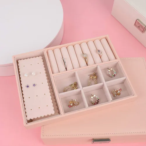 Miniatura 7 de Allinside Joyero organizador para mujeres, adolescentes y niñas, 2 capas de piel sintética con cerradura, forro de terciopelo, opción de regalo