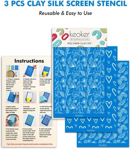 Miniatura 2 de KEOKER Plantillas de pantalla de seda para arcilla polimérica, kit de impresión de serigrafía reutilizable, para impresión en arcilla y otras joyas