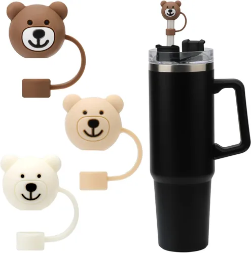 3 fundas para popote de oso, bonitas fundas de popote de silicona suave de dibujos animados, tapas protectoras sin BPA compatible con Stanley Straws