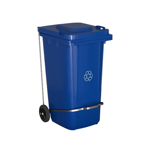 Miniatura 2 de Bote de basura rectangular con ruedas de 64 galones, color azul, con tapa y accesorio para escalonar, juego de 4