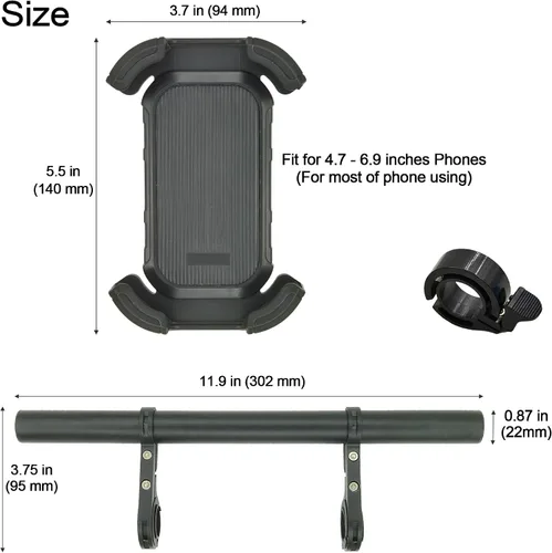 Miniatura 4 de Extensor de manillar de bicicleta con soporte para teléfono, barra de extensión de aluminio de 11.9", se ajusta a barras de 18–34mm, soporte