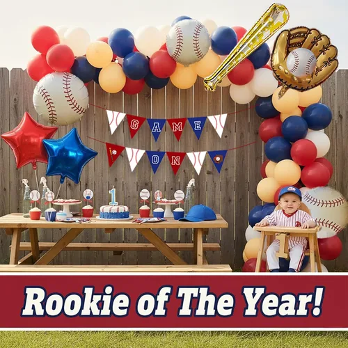 Miniatura 4 de Decoraciones de fiesta de cumpleaños de béisbol y con arco de globos rojo, blanco, azul marino y nude, guantes de bate de béisbol, globos de papel