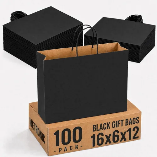 METRONIC Paquete de 100 bolsas de regalo grandes de papel negro de 16X6X12, bolsa de compras kraft con asas para pequeñas empresas, boutique,