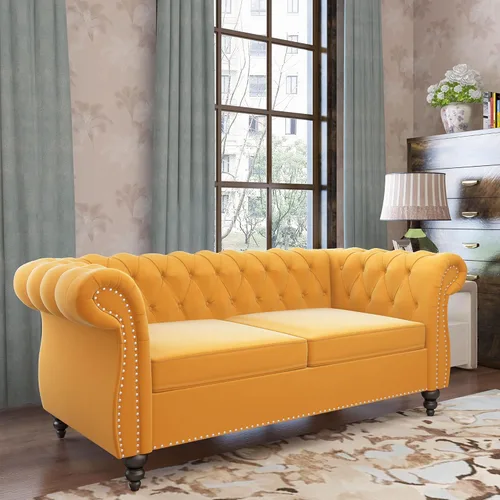 Miniatura 12 de QHITTY Sofá de Acento, Sofá Biplaza Chesterfield Moderno de Terciopelo, Sofá Tapizado con Respaldo Capitoné para Muebles de Sala de Estar (Gris)