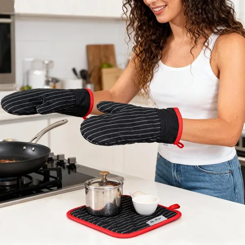 Miniatura 2 de Juego de manoplas de horno y soportes para ollas, guantes de horno y agarraderas con algodón de alta resistencia al calor, extra gruesos, largos