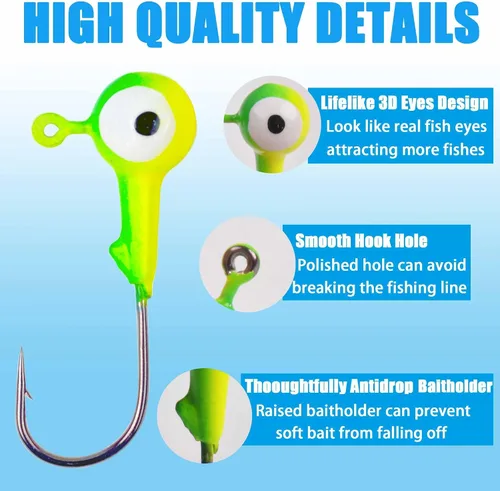 Miniatura 3 de 30 piezas de anzuelos de pesca con cabeza de bola redonda con ojos 3D Crappie jig señuelo pintados ganchos para lubino crappie lubino trucha agua