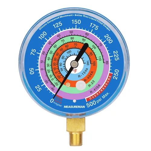 MEASUREMAN Medidor de presión para refrigeración, esfera de 3-1/8", esfera azul, montaje inferior de 1/8" NPT, 30inHg-0-250psi, rango retardado de
