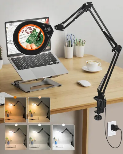 Miniatura 11 de Lupa 10X y 5X con luz LED, brazo oscilante ultra largo, 5 colores y 10 de brillo, lente de cristal real, lámpara de aumento grande para Blanco