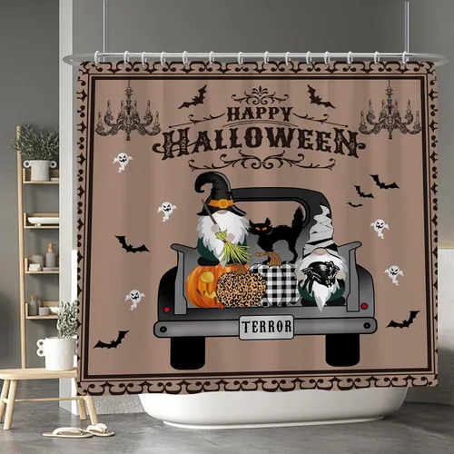 Miniatura 130 de Cortina de ducha de fantasma y gato negro para niños, 36 x 72 pulgadas, espeluznante y bonita, cortina de baño de Halloween con 6 ganchos, cortina