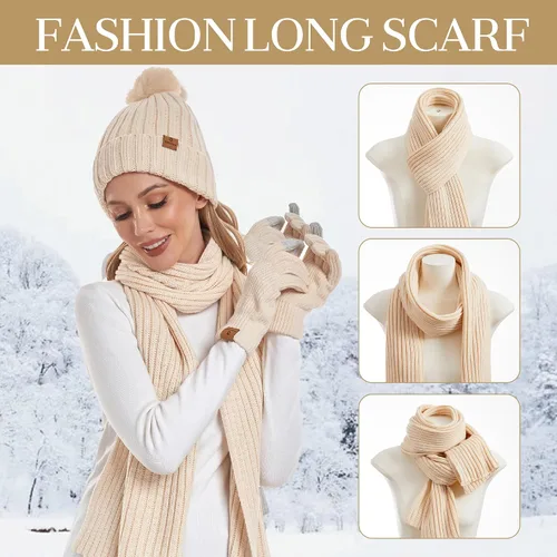 Miniatura 4 de Coolprince Gorro de invierno para mujer, bufanda larga, guantes para pantalla táctil, con forro polar, gorro de punto cálido con pompón