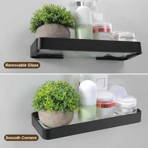 Miniatura 5 de Z metnal Estantes de baño de vidrio templado, estante flotante negro mate para pared, estante de pared para organizador de baño, marco de aluminio