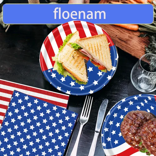 Miniatura 6 de Suministros de fiesta patriótica, juegos de decoración de fiesta patriótica de bandera americana, platos y servilletas de papel del 4 de julio