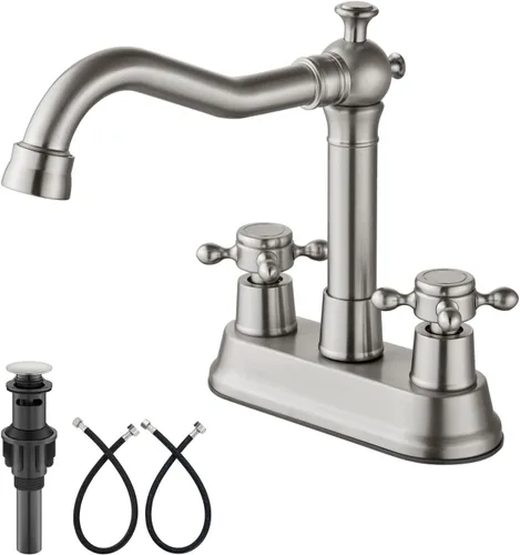 Aolemi Grifo de Lavabo de Baño Centrado de 4 Pulgadas Vintage con 2 Asas Cruzadas Grifo Mezclador RV para Lavabo Tocador Lavatorio Utilitario Níquel