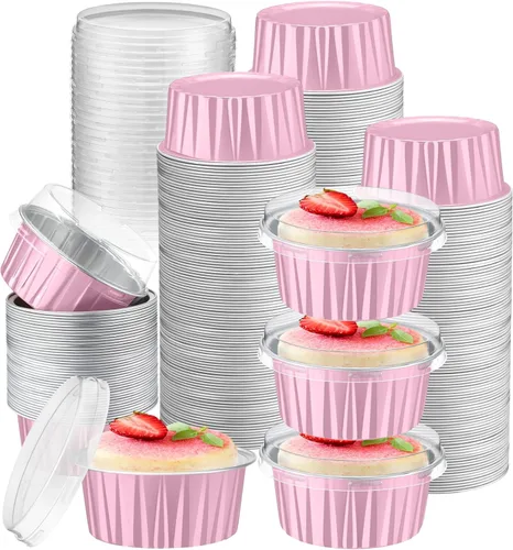 Miniatura 31 de Gejoy 400 Piezas Moldes de Papel de Aluminio para Hornear con Tapas 5 oz Moldes Desechables Ramekins Mini Moldes para Pasteles Crème Brûlée Moldes