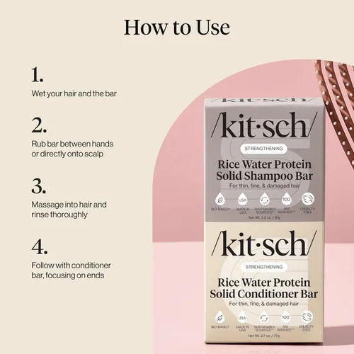 Miniatura 9 de Kitsch Set de champú y acondicionador de agua de arroz, barra sólida de champú y acondicionador con proteína para el crecimiento del cabello
