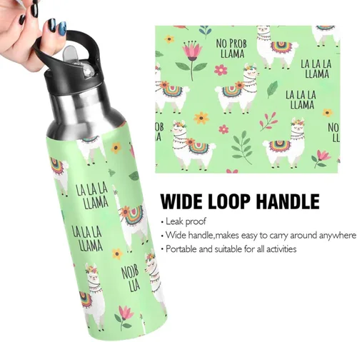 Miniatura 4 de Insulated Stainless Steel Water Bottle with Straw 20 Oz, BPA-Free Sports Water Bottle with Straw for Gym Outdoor Travel School, Cute Llamas Flowers