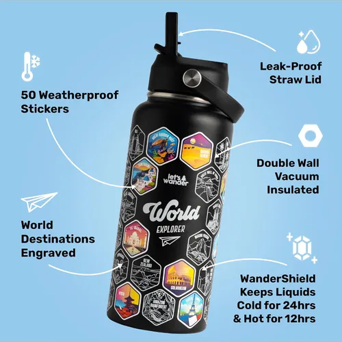 Miniatura 4 de LET'S WANDER - Botella de agua para aventureros del mundo con 50 pegatinas impermeables - 32 onzas, botella de acero inoxidable aislada y a prueba