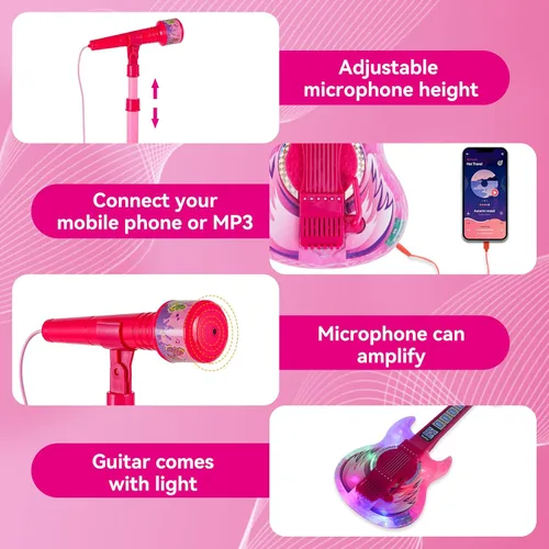 Miniatura 5 de Juego de guitarra y micrófono para niñas, máquina de karaoke con música y luz, juguetes de micrófono con soporte, juguetes de guitarra de altura