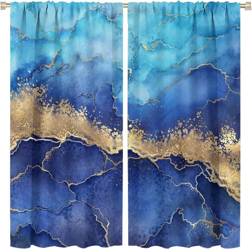 Miniatura 15 de Cortinas abstractas de mármol de lujo de lujo azul marino dorado a rayas con patrón de mármol estampado para dormitorio, sala de estar, cortinas