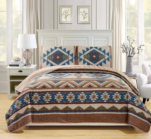 Miniatura 2 de Set de cobertores con diseño de nativo americano Tribal Navajo. 3 unidades multicolores, beige, gris topo, café, azul, verde. Extra grande.