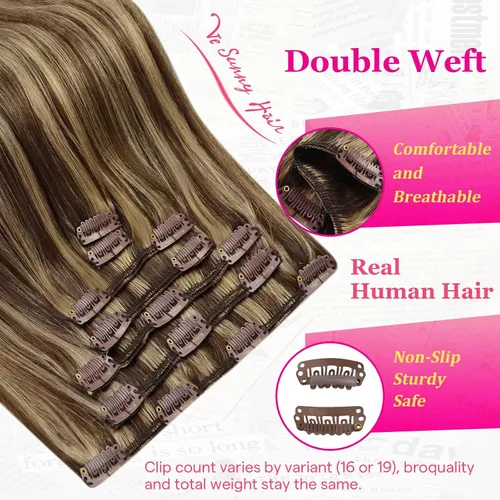 Miniatura 6 de Ve Sunny Extensiones de cabello clip-in de cabello humano real con reflejos, extensiones de cabello con clip para cabello corto, marrón oscuro