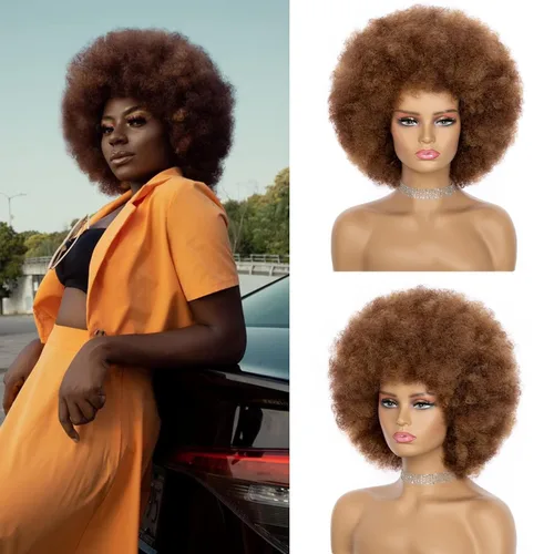 Peluca Afro para Mujeres - Mezcla Marrón Pelucas Afro de los 70s de Aspecto Natural Enormes Pelucas Afro Kinky Rizadas con Flequillo Peluca Afro