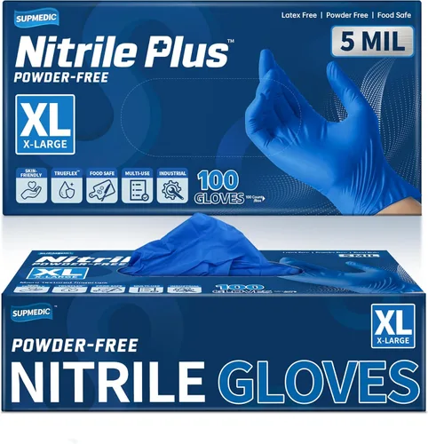 Supmedic Disposable Nitrile Gloves, 5Mil Chemical Resistant Powder-Free Latex-Free Glove Exam Cook Tattoo, Black Blue 100Pcs (azul) xl